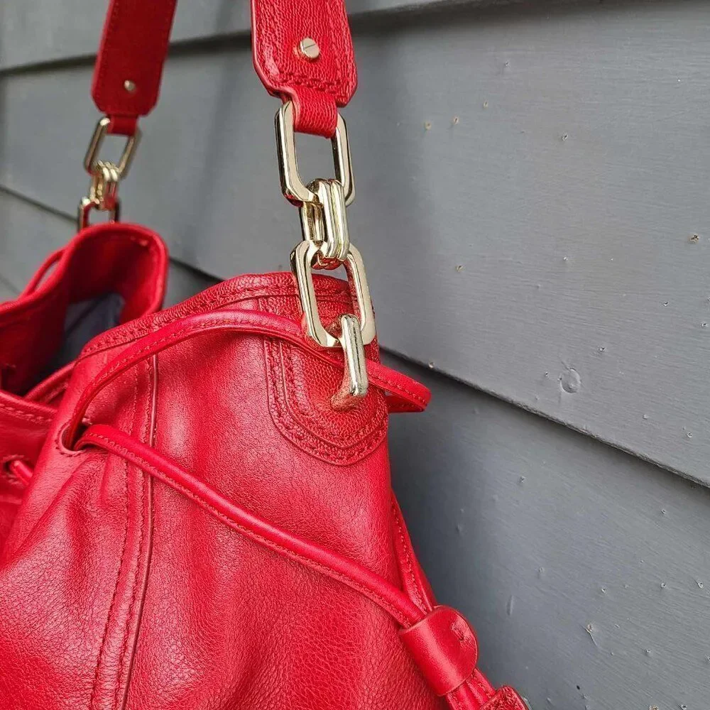 Cole Haan Red Leather Large Side Pull Drawstring Hobo Bag NWOT!